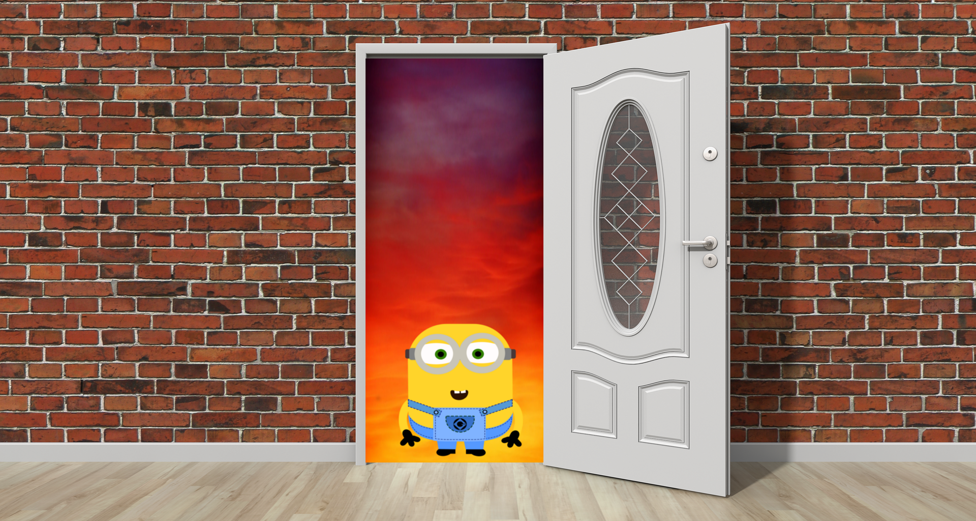 The picture here is a picture of a a minion in a door with a sunset behind both