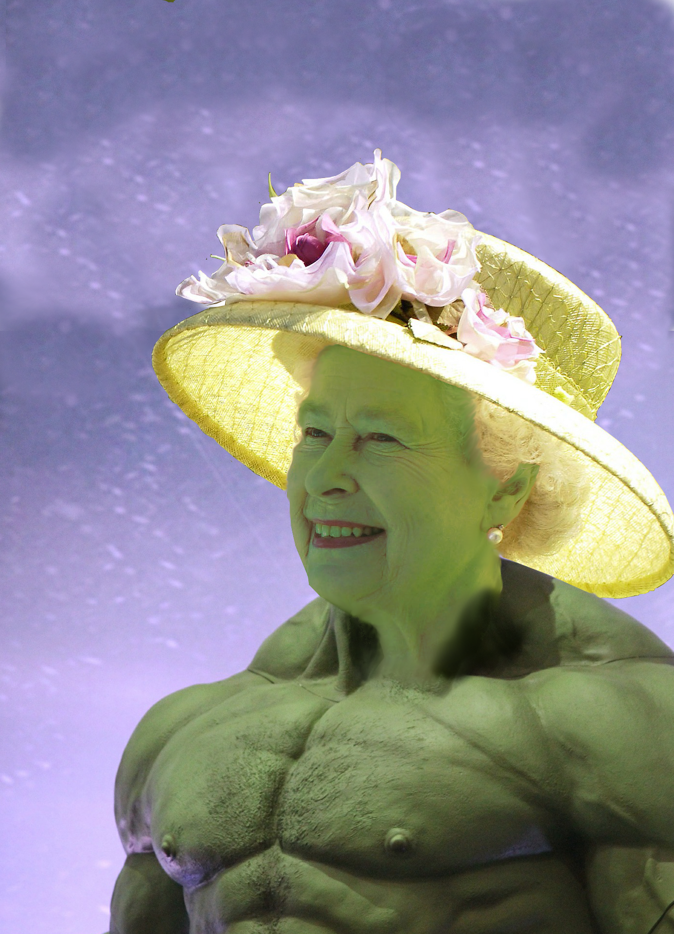 The photoshop of hulk combined with the queen of england