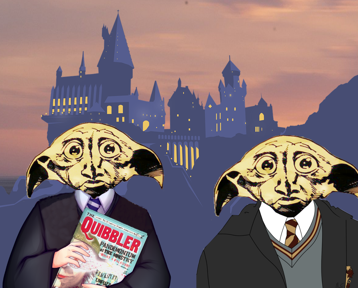 This is a photo with Dobby as a Ravenclaw and Gryffindor. He is in front of Hogwarts.