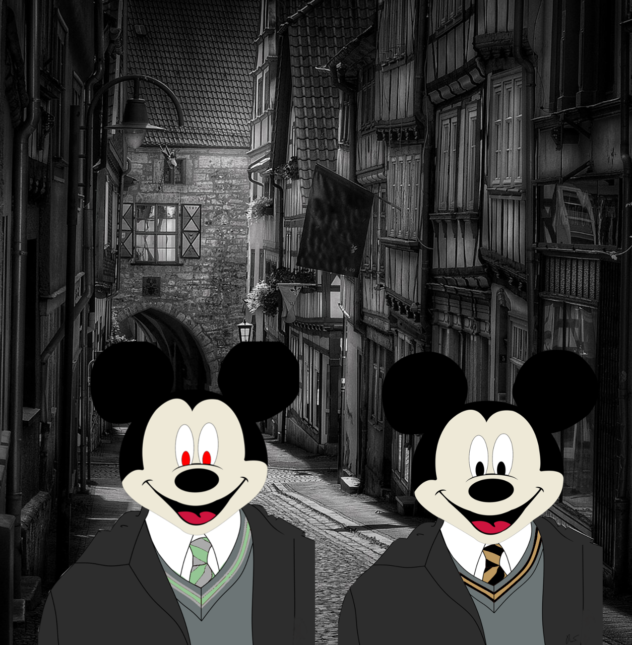 This is the photo with Mickey as a Slytherin and Hufflepuff. He is in an alleyway.