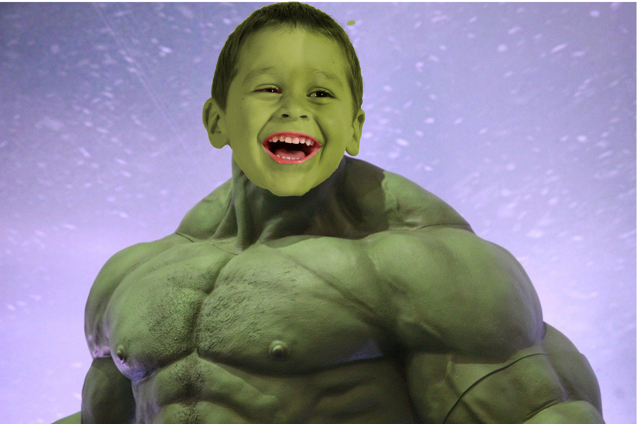 this is an image of Hulk mixed with the head of a boy