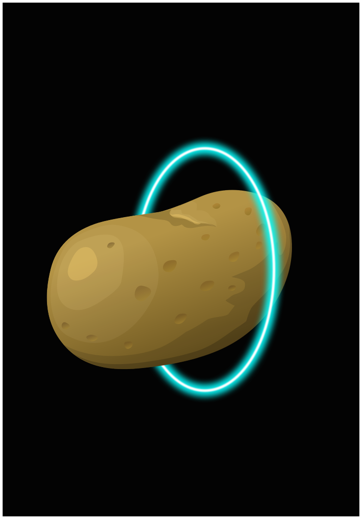 A potato with a blue neon ring around it