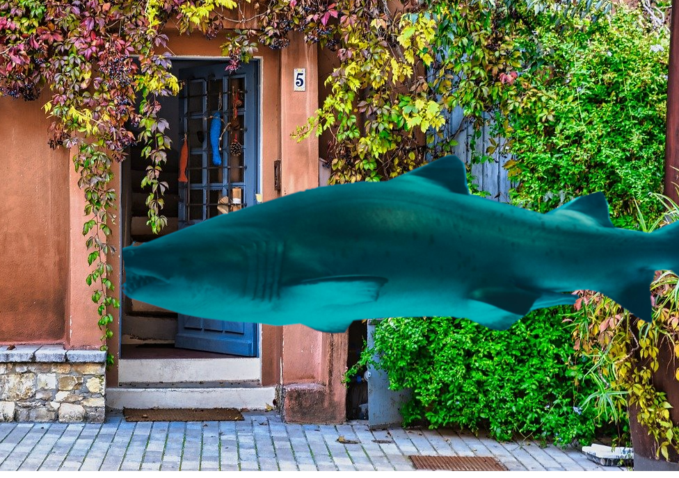 a shark going in to a house