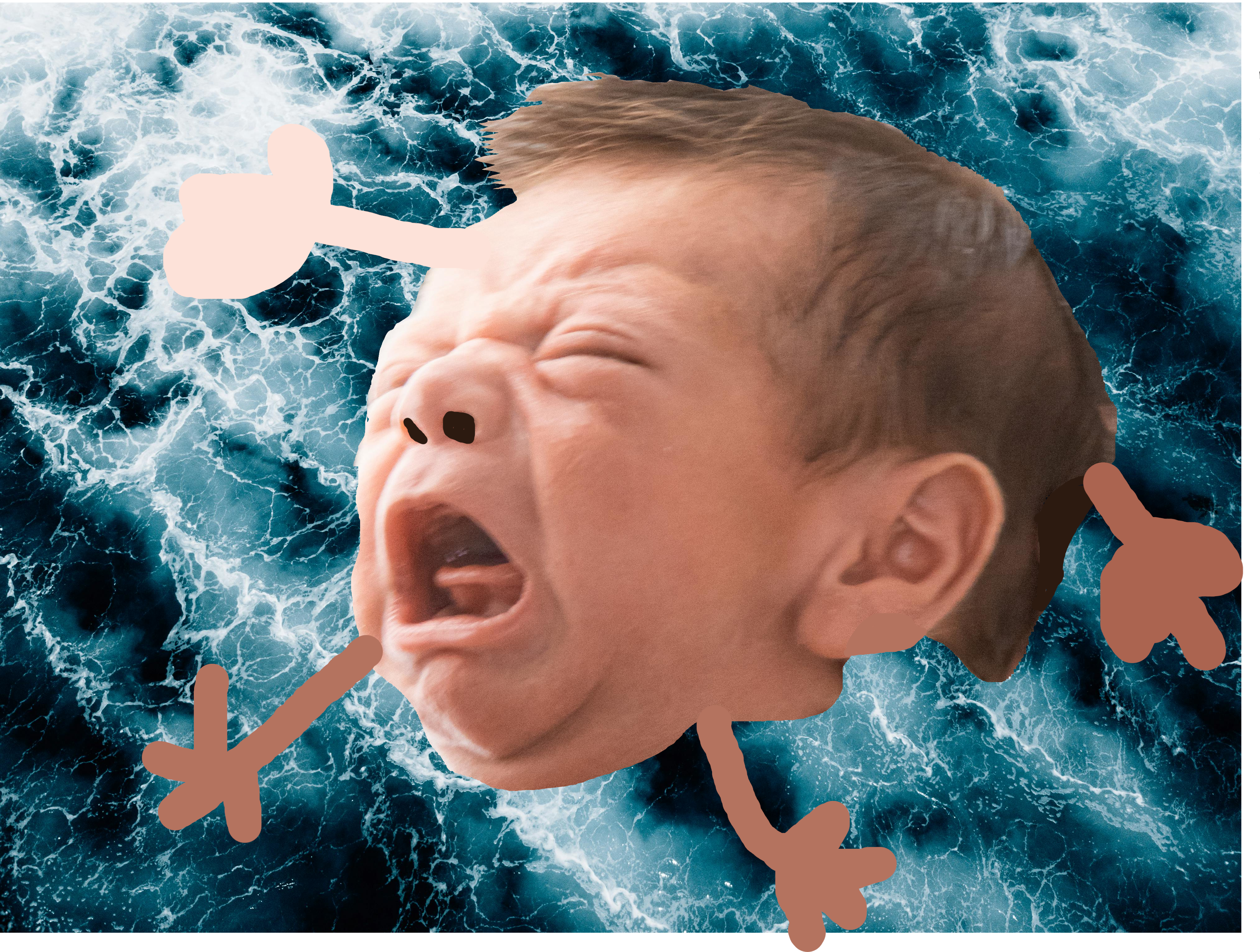 baby drowning in raging ocean with fake limbs
