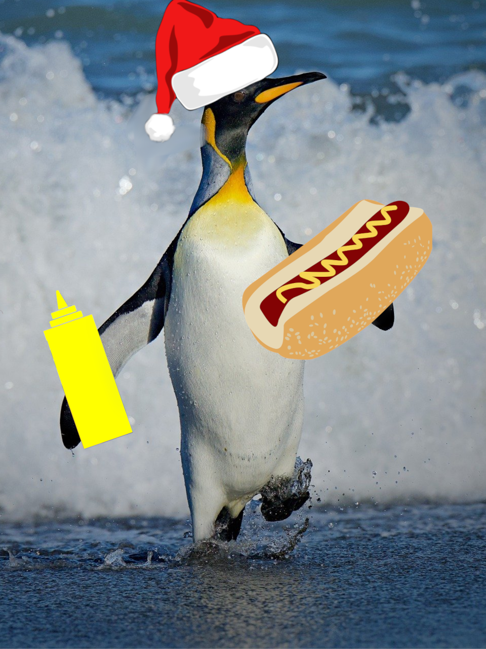 penguin with hotdog and musterd